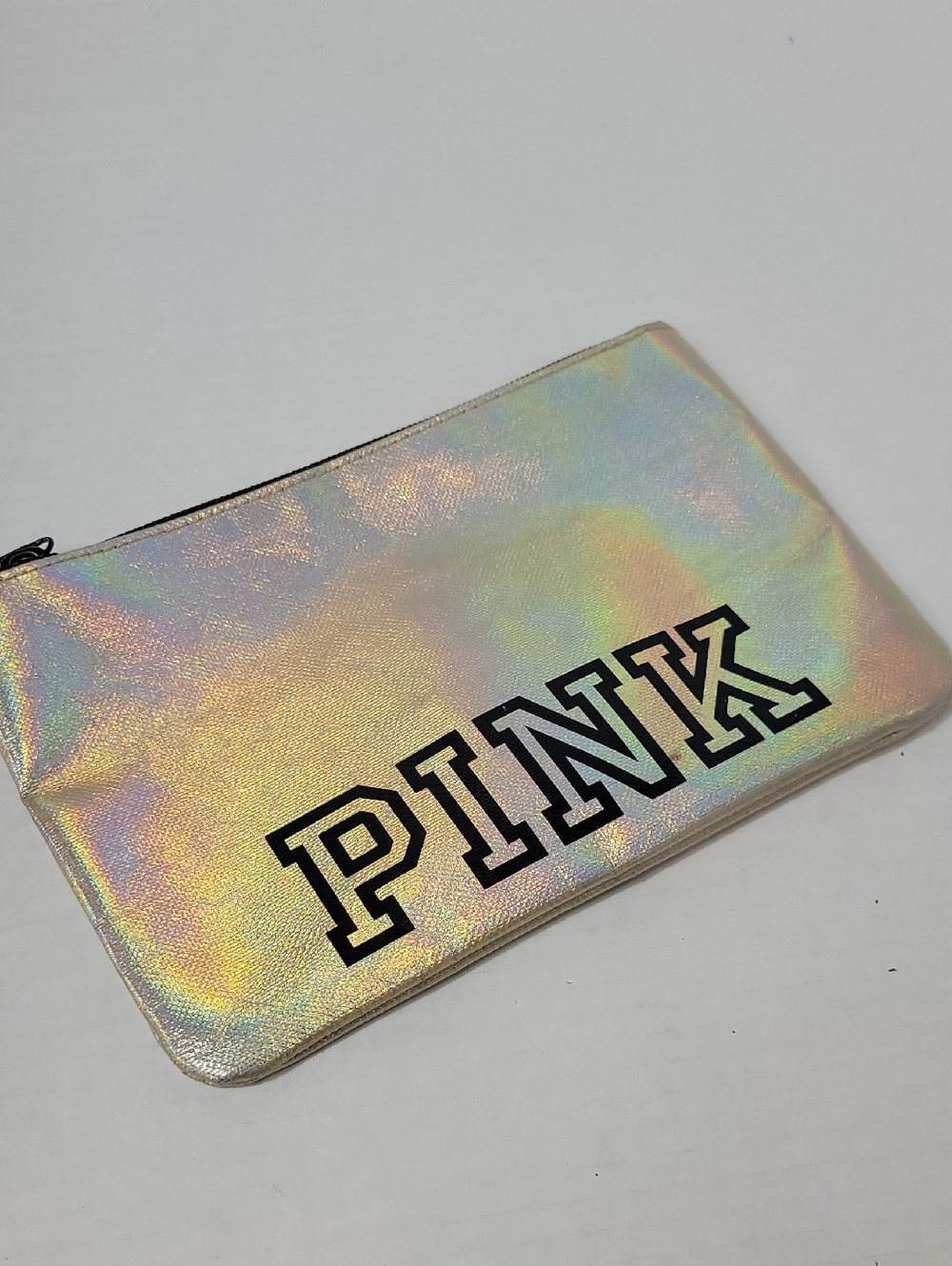 PINK Victoria's Secret Iridescent Holographic Zip Pouch - Silver Rainbow